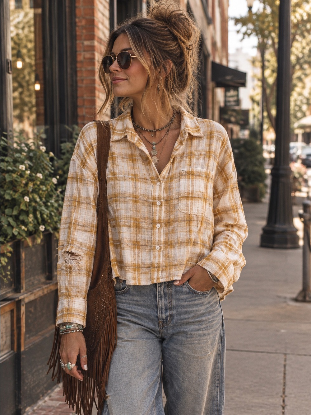 American Eagle Outfitters Mustard Plaid Button-Down Shirt